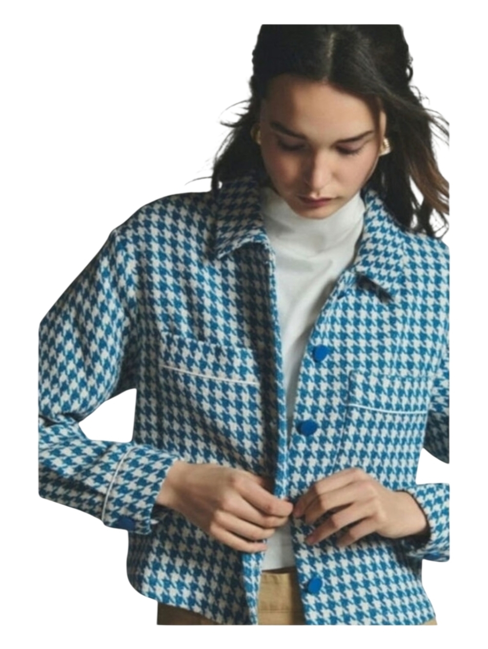 Dolan Womens Blue Houndstooth Print Knit Patch Pocket Jacket 3X